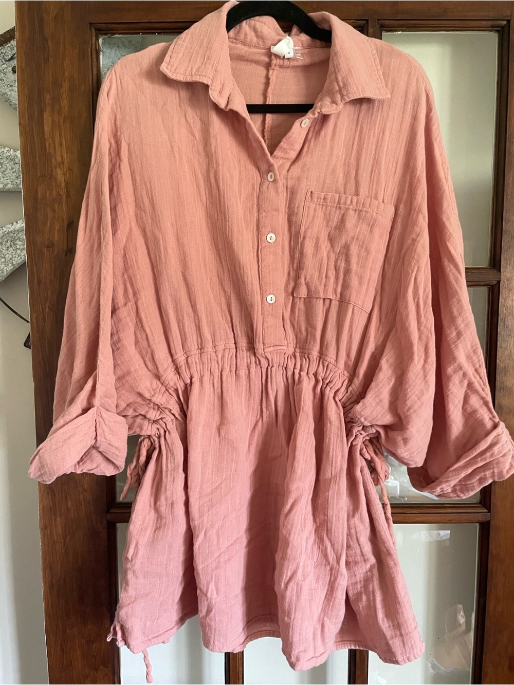 Elan Dusty Rose Long Sleeve Drawstring Waist Tunic Dress